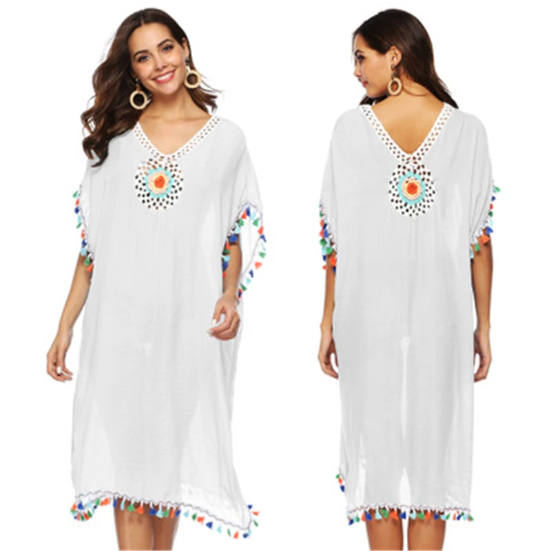 

2019 Casual V Back Tassel Summer Beach Kaftan Midi Dress Robe de plage Cotton Tunic Women Beachwear Bathing Suit Cover Up A72