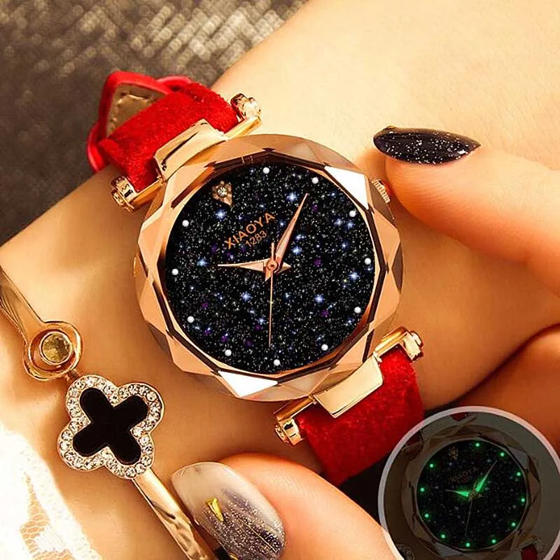Блестящие женские часы звездного неба, модные дизайнерские часы с циферблатом, роскошные Светящиеся женские кварцевые наручные часы с браслетом, новинка, лучший подарок для девушек - Цвет: RD