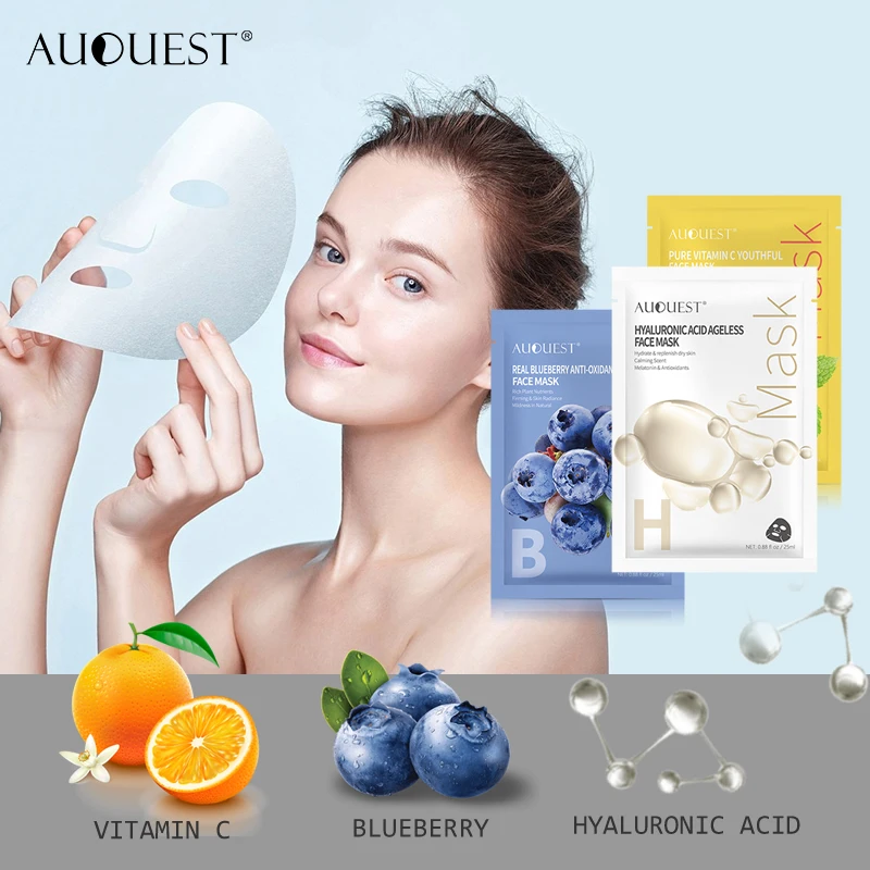 

AuQuest Facial Mask Vitamin C Collagen Hyaluronic Acid Serum Blueberry Peptide Sheet Face Mask Pores Shrink Women Skin Care 3PCS