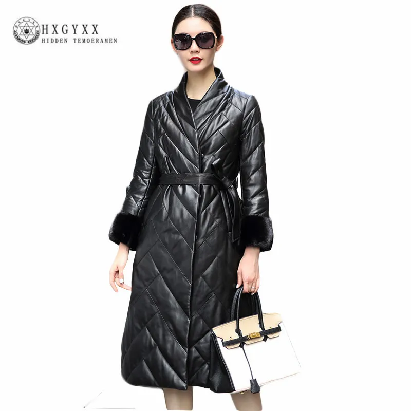 2019 Women Black Winter Coat Real Mink Fur Thick Genuine Leather Jacket Long White Duck Down Sheepskin Coats Plus Size  OKB245