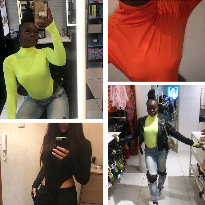 BOOFEENAA Neon Green Sexy One Piece Bodysuit Women Fluorescent Turtleneck High Cut Long Sleeve Thong Bodysuits Streetwear C70I85 crotchless bodysuit