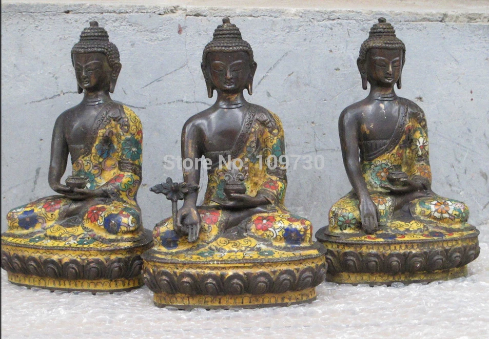 

003361 8"Tibet Cloisonne Bronze Sakyamuni Amitabha medicine Three Buddha SET Statue