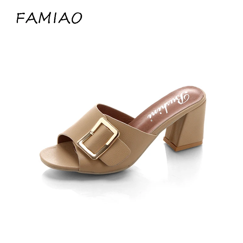 

FAMIAO 2018 Women Slippers Thick Heels Square Toe Hoof Heels Buckle Slides Footwear Summer Outside Casual Women Mules Shoes
