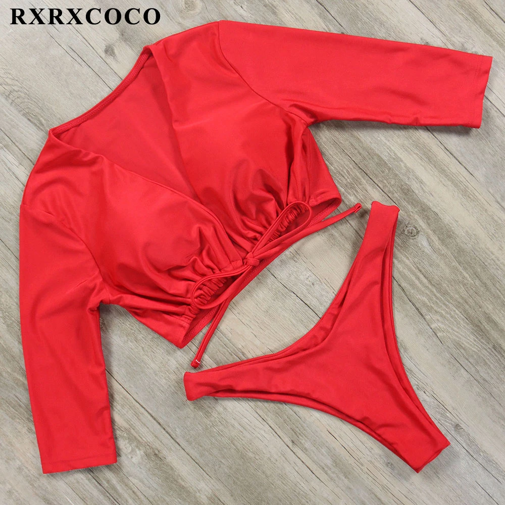 RXRXCOCO Hot Sexy Bikinis 2019 Mujer Long Sleeve Swimsuit Push Up Bikini Set Thong Biquinis Solid Swimwear Women Traje De Bano