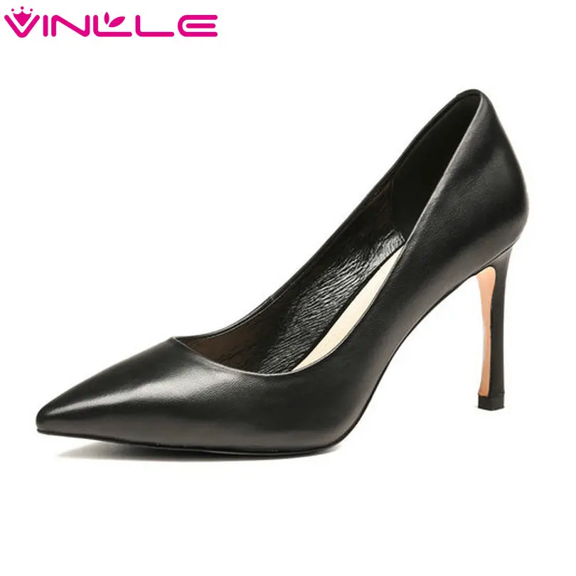 

VINLLE 2018 Summer Sexy Women Pumps Pointed Toe Genuine leather Thin High Heel Black Ladies Wedding Shoes Size 34-39