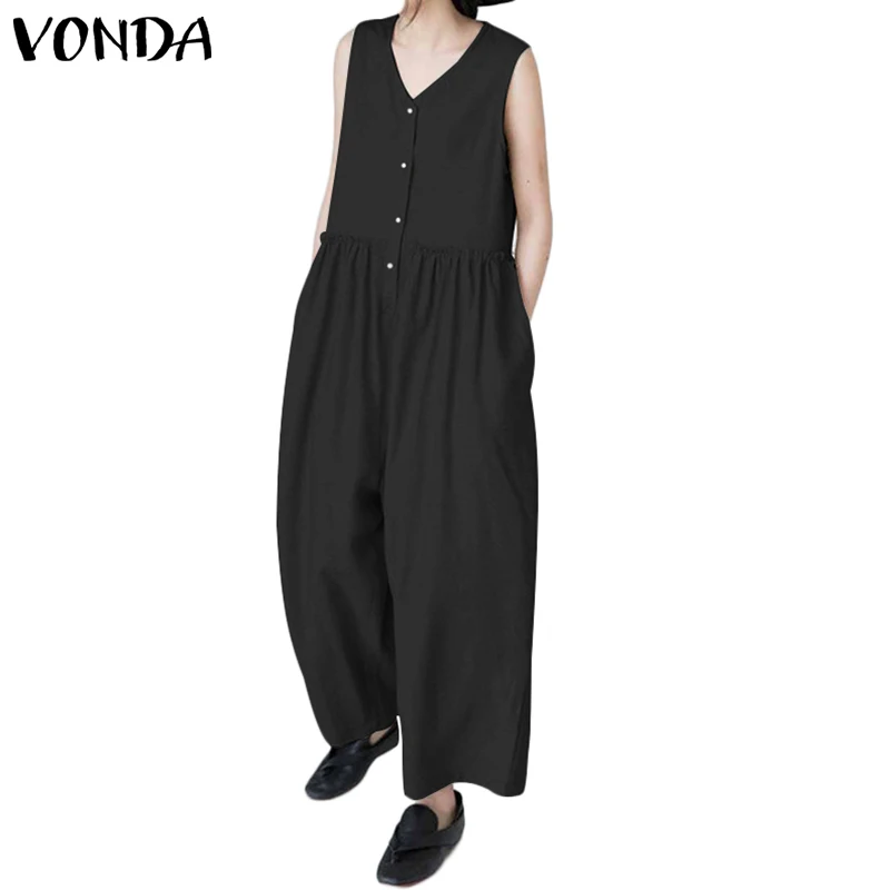 VONDA женский комбинезон без рукавов, Летний комбинезон размера плюс, повседневный свободный хлопковый комбинезон с карманами, винтажный однотонный комбинезон, S-5XL - Цвет: Black