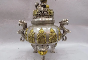 

USPS to USA S0743 White Copper Silver Foo Dog Lion Dragon Five God of wealth Censer incense burner