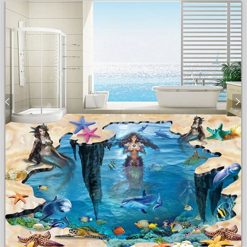 

wellyu Custom flooring 3d обои self-adhesive beach mermaid underwater world 3D floor tiles three-dimensional painting flooring
