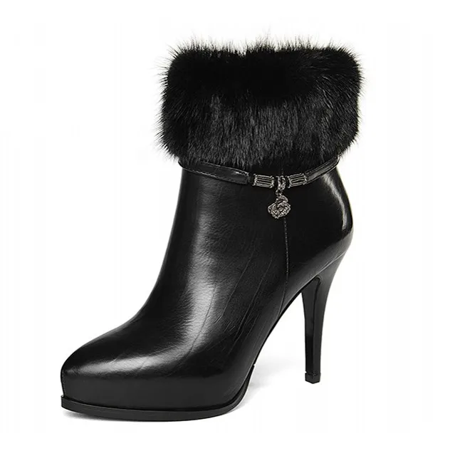 

2019 Fashion Women Short Boots Genuine Leather Snow Boots Rhinestone Zipper Warm High Heel Winter Boots With Fur DR-B0045