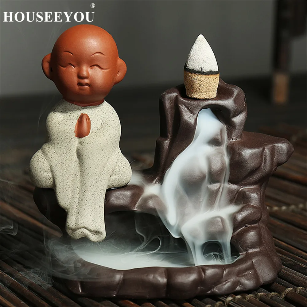 

HOUSEEYOU The Little Monk Censer Creative Home Decor Small Buddha Incense Holder Backflow Incense Burner burner + 10Pcs Cones