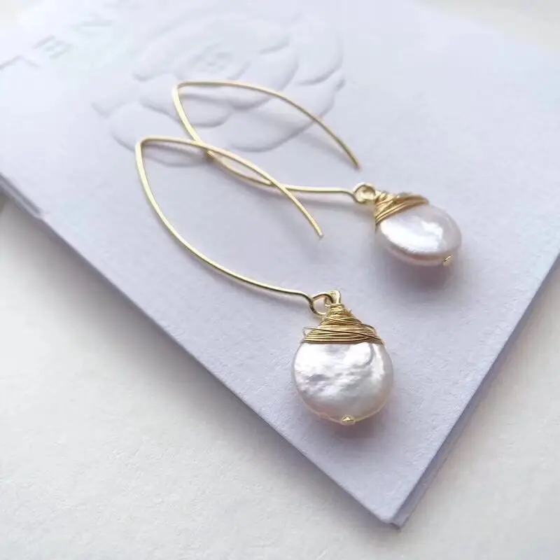 WT-E542Natural Freshwater Pearl Earring Round Shape Pearl Pendant With Brass Wire Wrap Earring Wedding Earring Jewelry