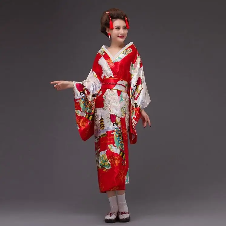 Горячее предложение розовый японский Для женщин шелк кимоно юката с Оби Винтаж вечерние платье для выпускного вечера Косплэй и Хеллоуин костюм один размер B-012 - Цвет: Red