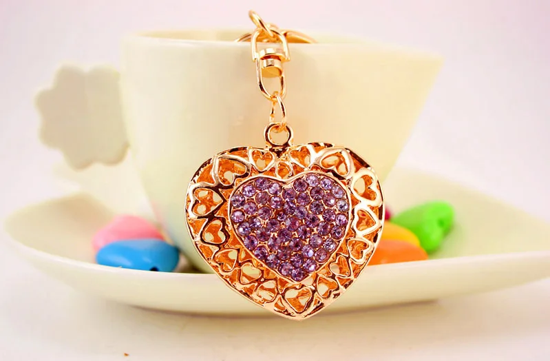 

free shipping 12pcs/lot Lovely Alloy rhinestone purple wedding and bridal shower gift souvenirs of heart keychain purse hanger