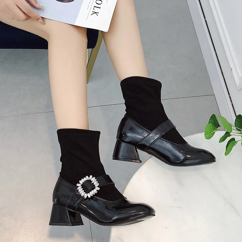 

Tangnest Crystal Women Mid-Calf Boots Sexy Mary Jane Suede Party High Heels Fashion Ladies Buckle Casual Shoes Woman XWX6944