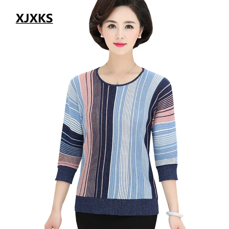 

XJXKS 2019 spring new women's thin sweater fashion striped loose plus size comfortable knitting Three Quarter sleeve women top