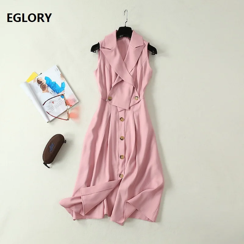Women's Clothing Dresses 2019 Summer Fashion Office Lady Dress Notched Collar Single Breasted Sleeveless Pink Brown Dress Femme