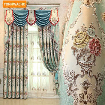

Custom curtains high grade luxury European embroidered white chenille pastoral cloth blackout curtain tulle valance drape N757