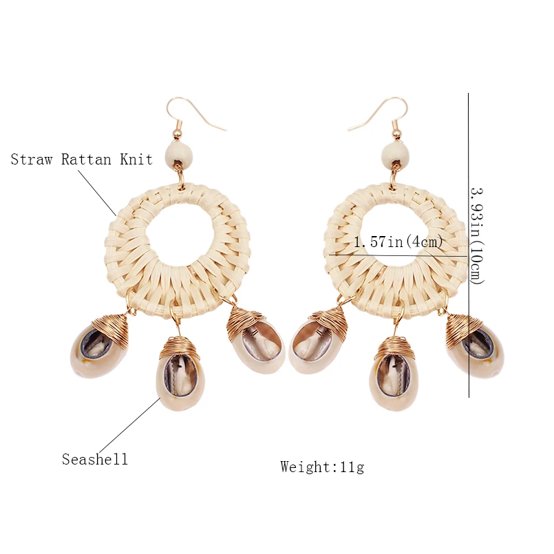 MANILAI Bohemia Straw Rattan Knit Shell Dangle Earrings For Women Big Circular Pendant Statement Earrings Fashion Jewelry 2019