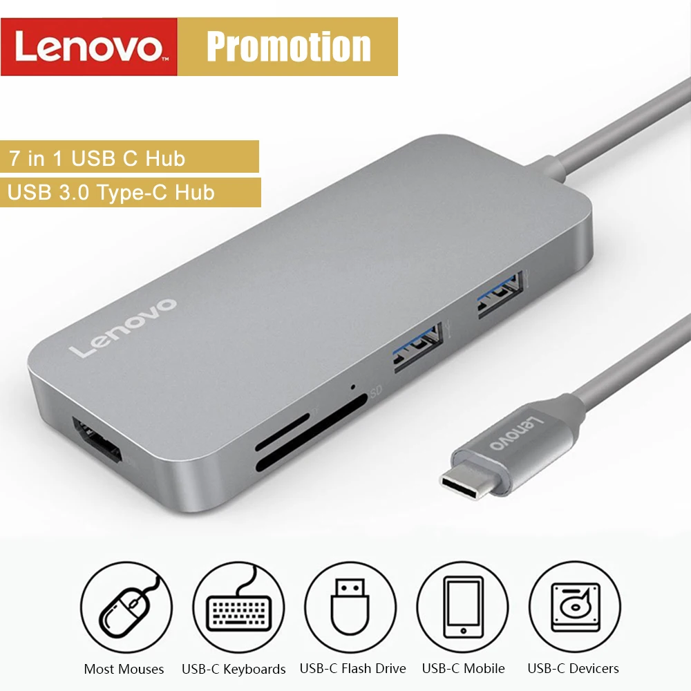 

Lenovo 7 in 1 USB C USB Hub USB 3.0 port USB-C Hubs Type-C to 4K HD Adapter SD/TF Card Reader for Computer Laptop Accessories