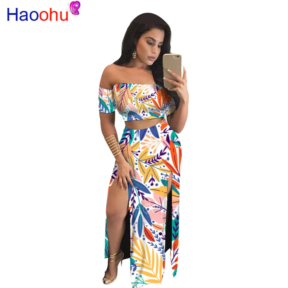 

Leaves Print Sexy 2 Piece Matching Sets Women Clothes Slash Neck Short Sleeve Crop Top And Double High Split Maxi Skirt Outfits