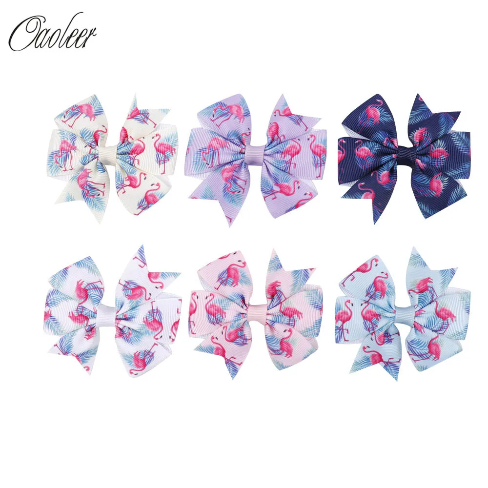 

6 Pcs/lot 3 Inch Flamingo Printed Hair Bow For Girls Pinwheel Bowknot Grosgrain Ribbon Hairbows Kids Hair Clips Hair Accessories