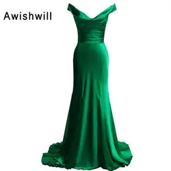 Красивый v-образный вырез Ruched атласная Зеленый Mmeraid вечернее платье женские вечерние платья со шлейфом настоящая фотография платье Длинные