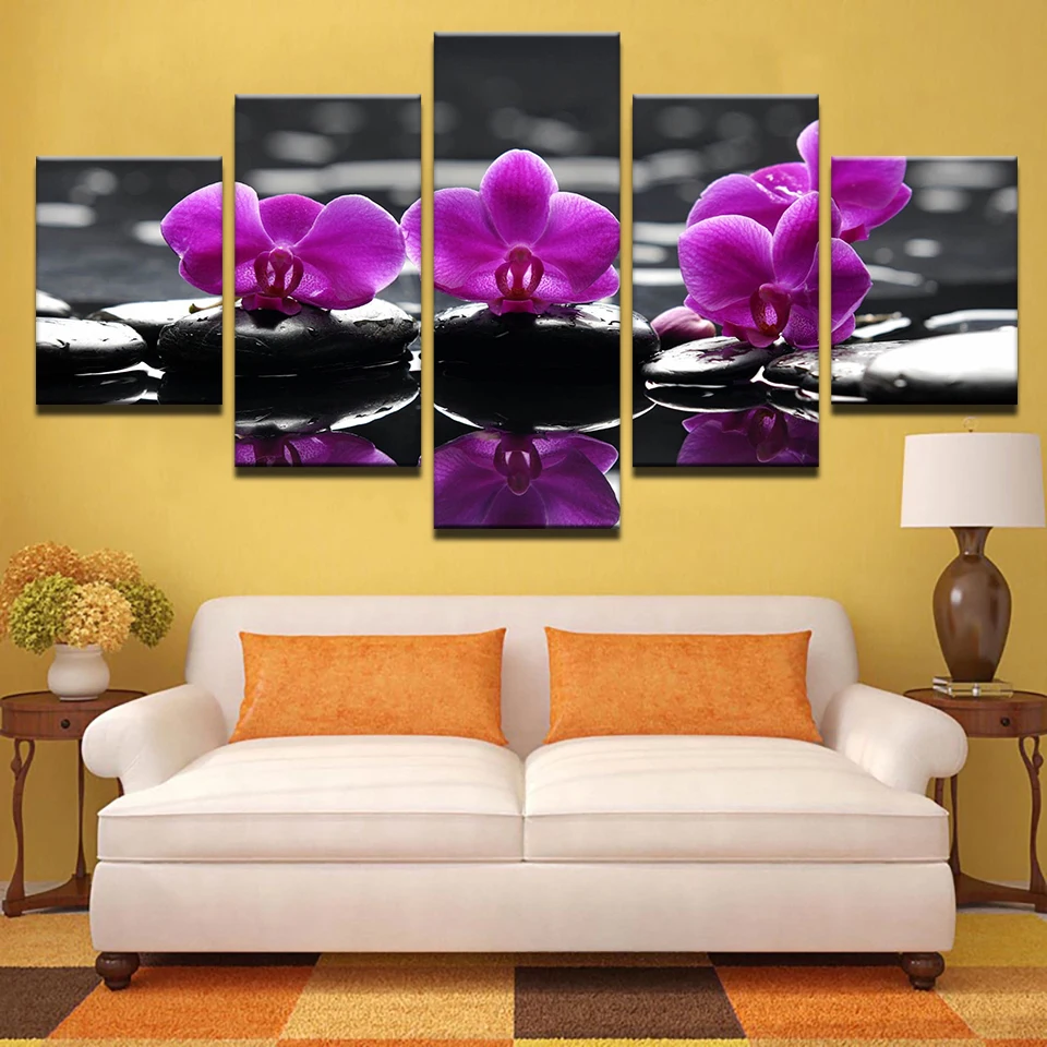 HD Print Picture Room Wall Art Frame 5 Pieces Purple Moth Orchid Painting Home Decor Canvas Flower Stone Poster | Дом и сад