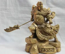 9″ China Chinese Brass Stand Dragon Warrior Guan Gong Yu God & Sword Statue