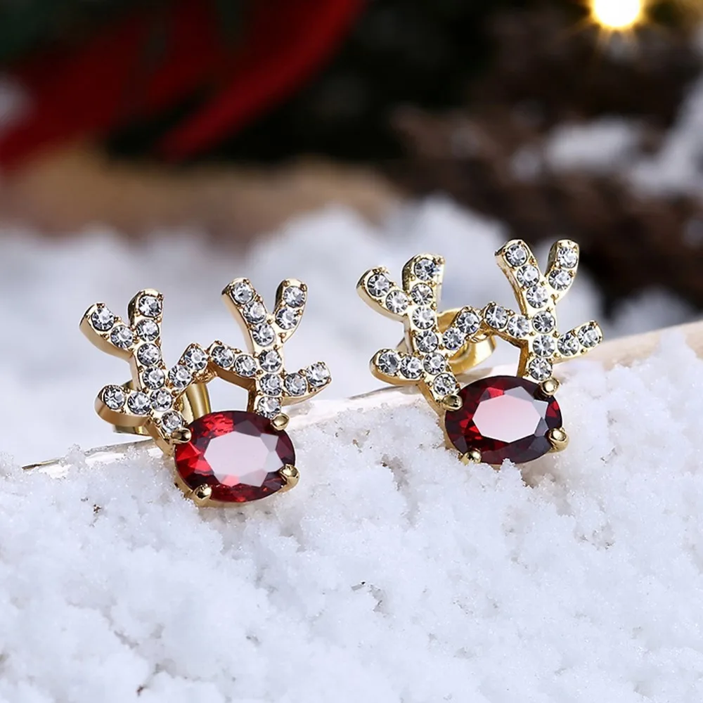 China Fashion Christmas Earrings For Women Dangle Luxury Crystal  Stud Earrings Reindeer Shape Red Color CZ Stone Earring Gift (4)