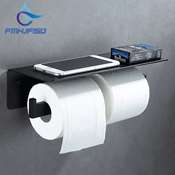 

Double Toilet Paper Holder 304 Stainless Steel Bathroom Paper Tissue Holder with Mobile Phone Storage Shelf Rack Matte Black