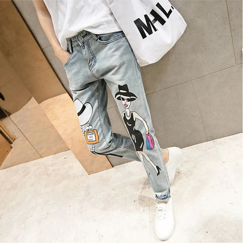 

American Apparel Loose Baggy Pants Boyfriend Jeans Wind Hole In The Cartoons Printed Ripped Jeans Denim Skinny Pencil Jeans