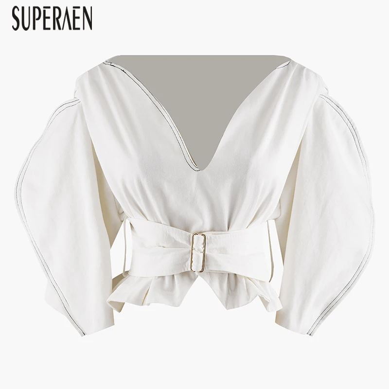 

SuperAen Europe Fashion Women Shirt 2019 Spring and Summer New Denim Blouses and Tops Female Solid Color Wild Women Clothing