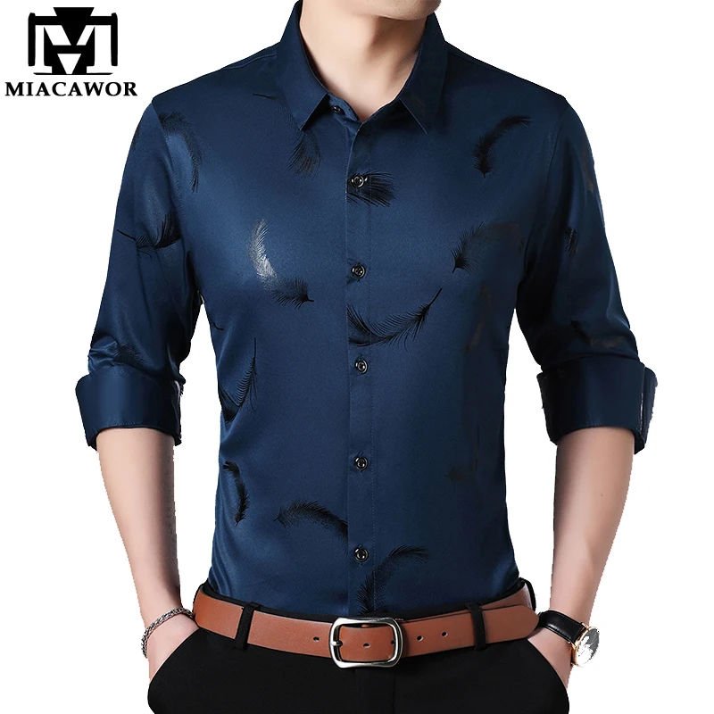 MIACAWOR Новая повседневная мужская рубашка с модным принтом Camisa Social Slim Fit Осенняя