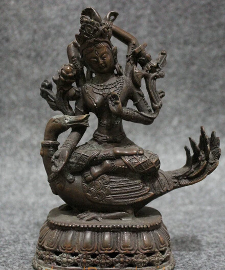 

005103 Old Tibet Bronze Collect Lotus 4 Arms Kwan-yin GuanYin Buddha Ride Duch Statue