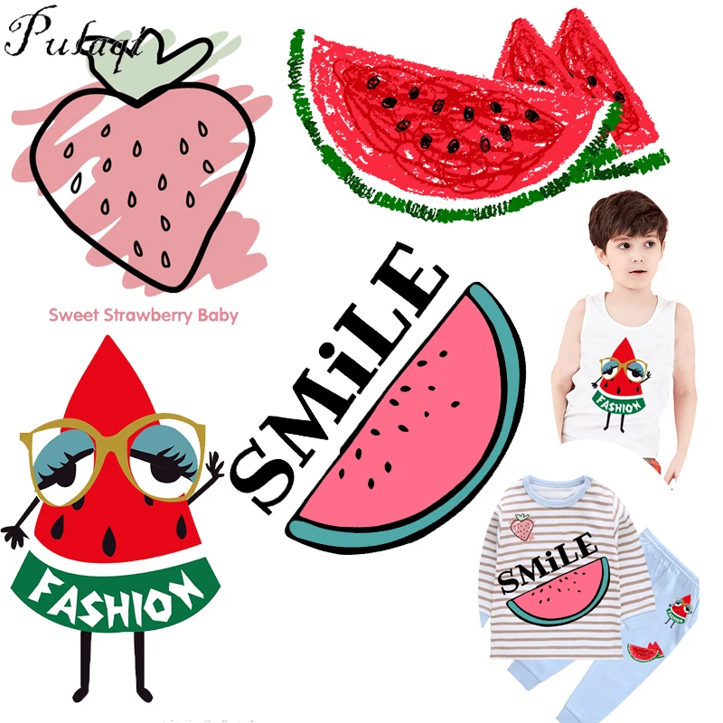 

Pulaqi Summer Fruit Watermelon Iron on Transfer Vinyl Strawberry Ironing Heat Transfer For Kids Clothing T-shirt DIY Sticker F