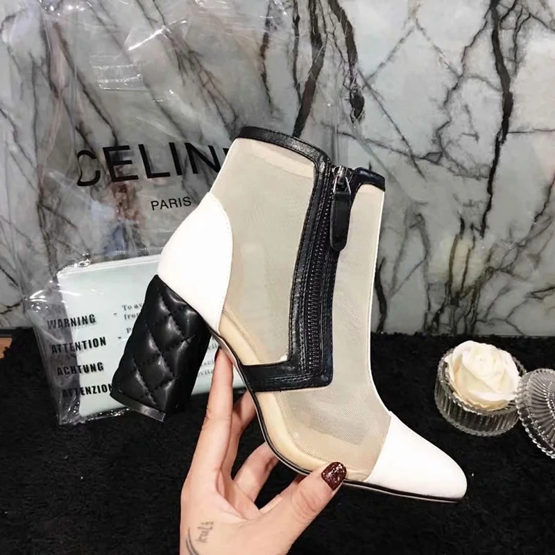 

Sexy Air Mesh Patchwork Women Summer Boots Fashion Round Toe Zip Square High Heels Booties Street Style Gladiator Shoes Woman 41