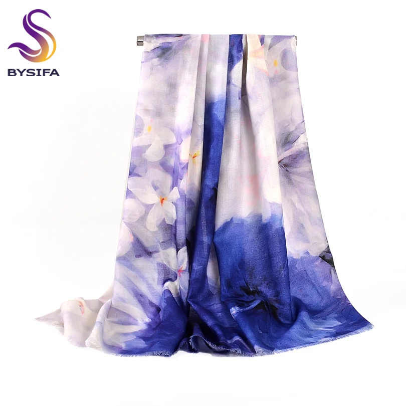 

[BYSIFA] Winter Blue White Pure Wool Cashmere Scarves Shawl Women Chinese Style Poppy Floral Short Tassel Lady Scarves Pashmina