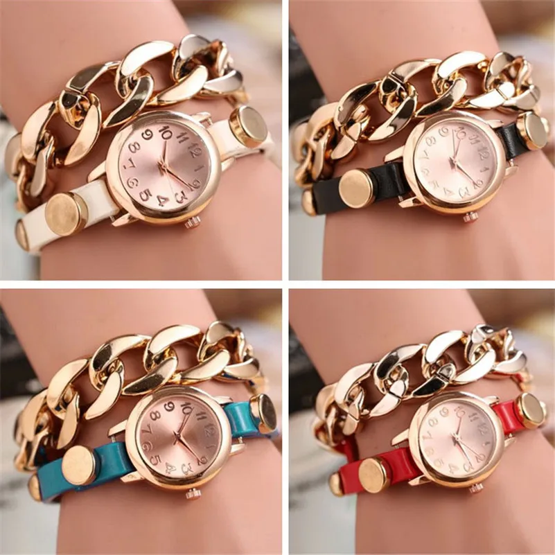 

2019 latest Korean-style appearance of fine watch Punk Women Gold Dial Leather Chain Wrap Analog Quartz Wrist Watch Bracelet