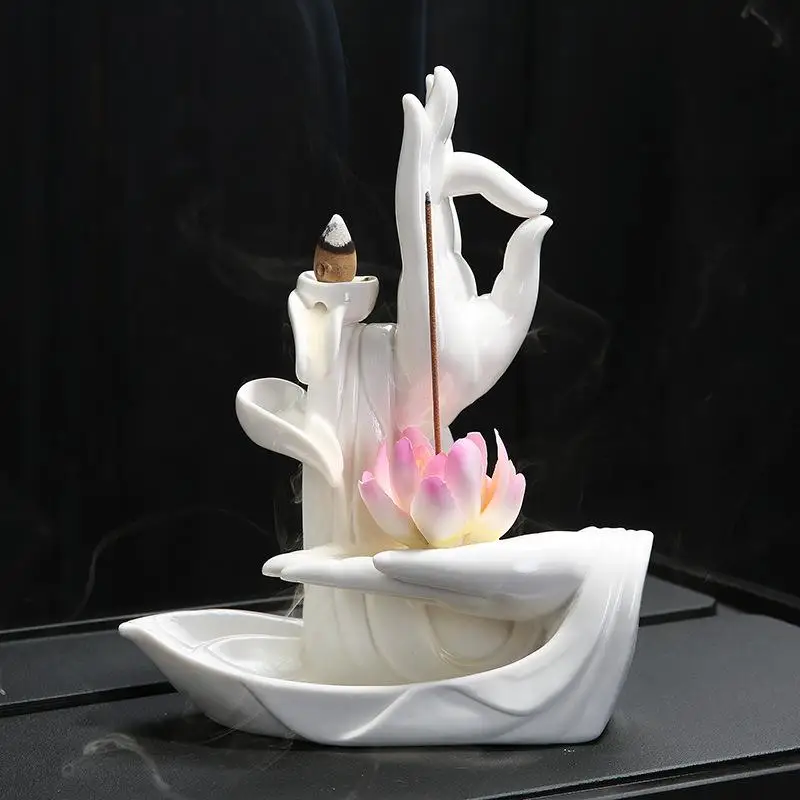 Белая керамическая Будда ручной курильница дым водопад обратный ладан держатель цветок лотоса палочка курильница буддистские украшения - Цвет: 6