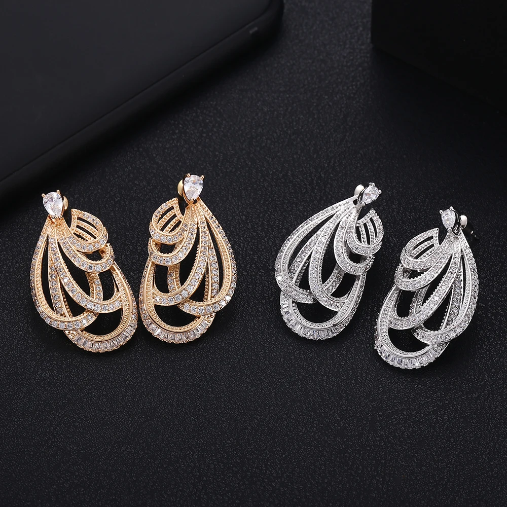 

JANKELLY Braided Twist Lines Luxury Water Drop Full Mirco Paved Cubic Zirconia Naija Wedding Earring Fashion High End Jewelry