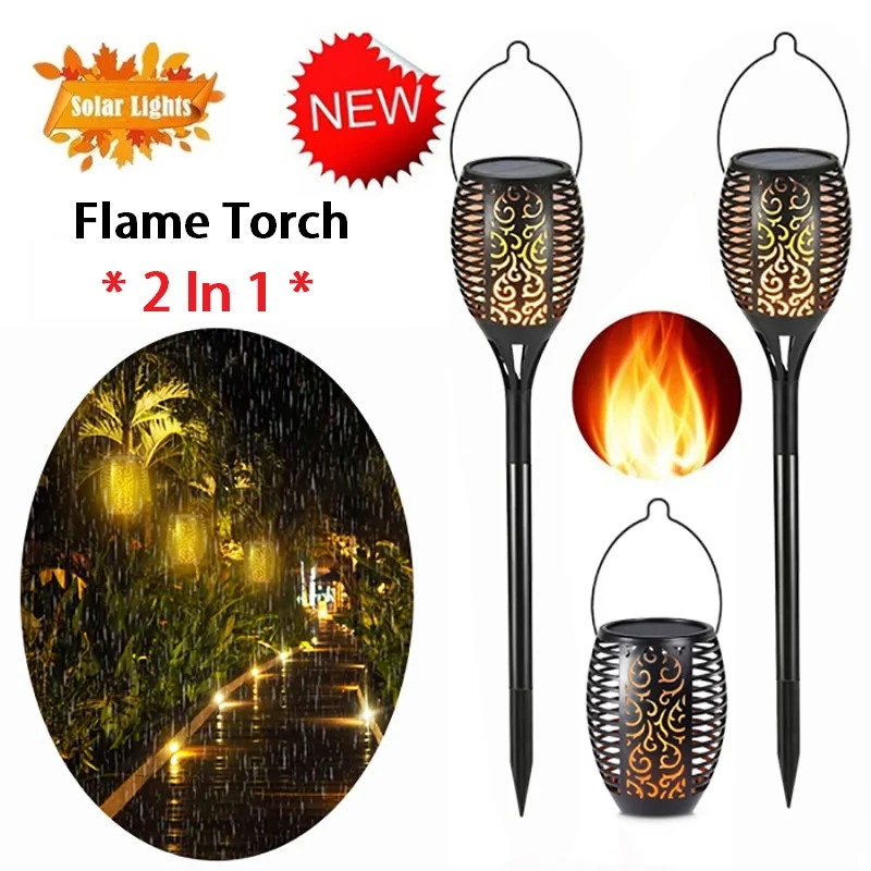 2 In 1 Solar Flame Flickering Lawn Lamp Multifunction 124Pcs Bright LED IP65 Waterproof Outdoor Decor Solar Garden Lawn Light