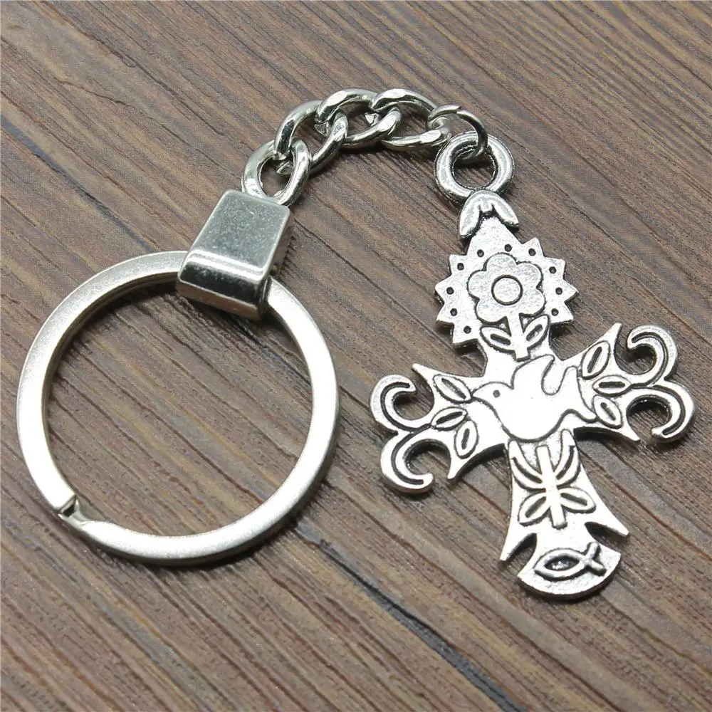 

46x30mm Flower Dove Jesus Fish Cross Keychain Antique Silver Fashion Handmade Keychain Party Gift Jewelry Dropshipping