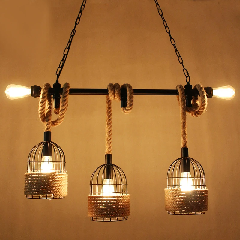 

Loft industrial hemp rope chandelier wind restoring creative cage bar bar for Internet cafe shop window chandeli