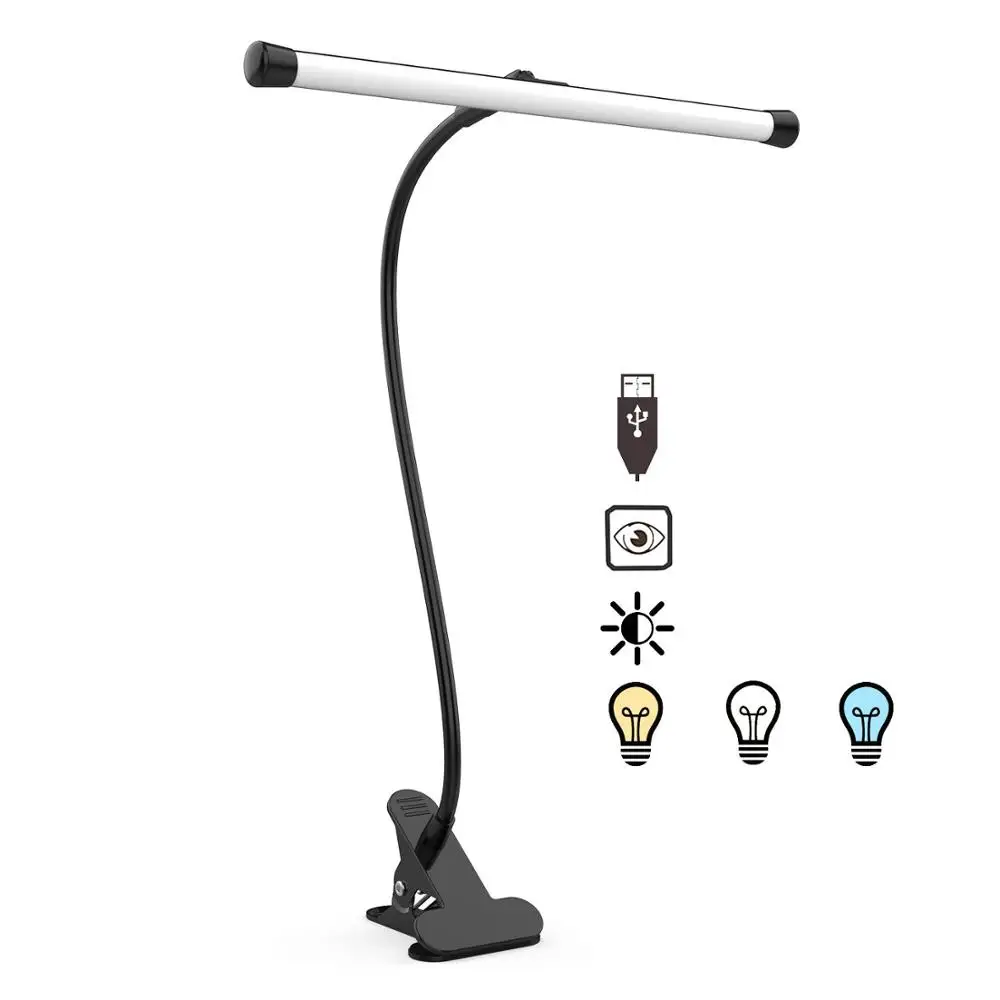 Skup Lampka LED z klipsem na światło, 10 poziomów jasności lampka do czytania z elastyczną szyję, USB do pielęgnacji oczu światło, 5W czarny na biurko, fortepian, zagłówka