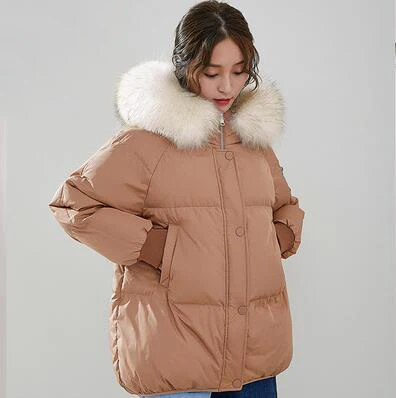 Женская зимняя куртка большого размера с большим меховым воротником из натурального енота, Женская парка с капюшоном, модные женские зимние пуховики - Цвет: Light tan