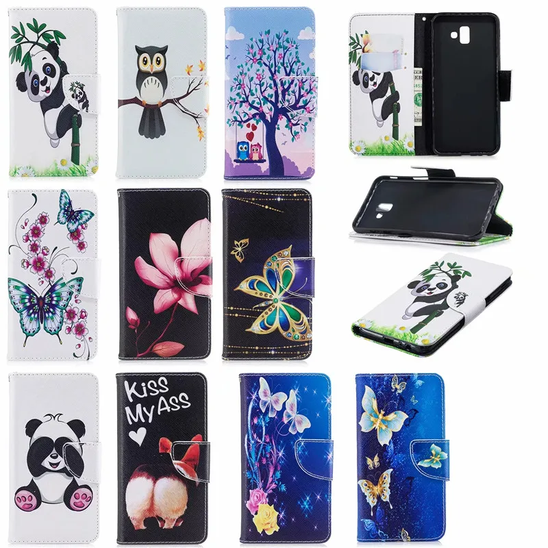 

Panda Owl Butterfly Printed Book Flip Case For Samsung A6 A8 A7 2018 Fundas Wallet Stand Cover For Galaxy J4 J6 A6 A8 Plus 2018