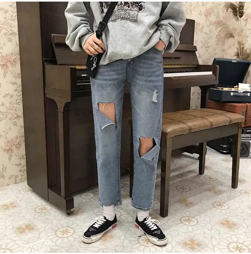 Harajuku мыть и носить рваные с высокой талией джинсы 2019 новые летние модные рваные хип-хоп прямой с высокой талией повседневные джинсы