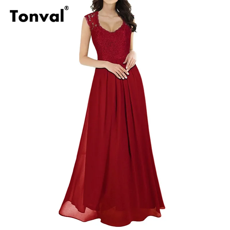 

Tonval Contrast Floral Lace Party Elegant Chiffon Maxi Dress Women Summer Night Out Red Fit and Flare Long Dresses