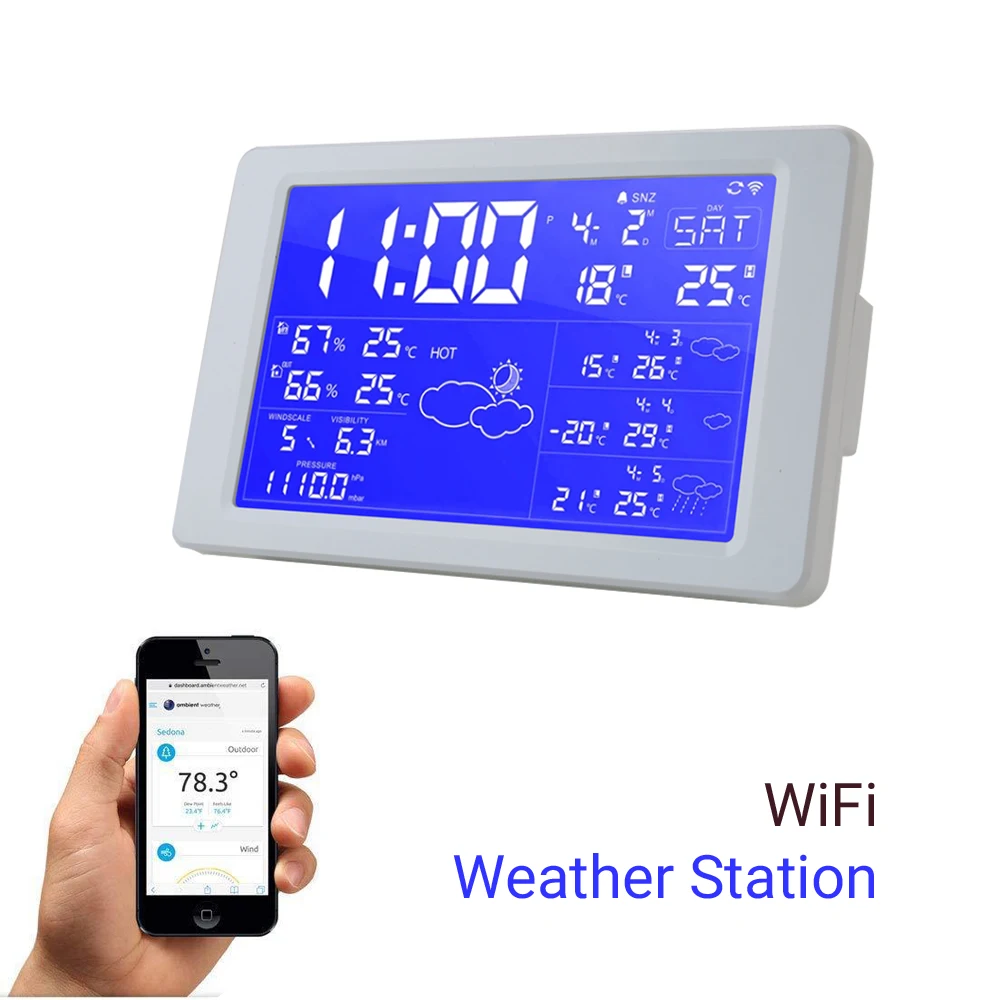 

WiFi Weather Station Clock Thermometer Indoor Outdoor Temperature Color Alarm