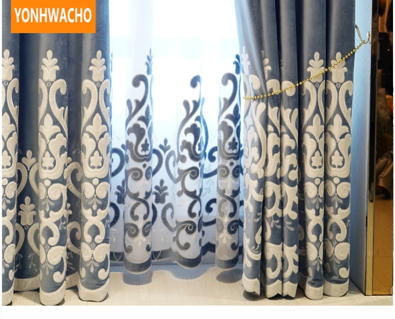 Шторы на заказ Роскошные турецкие современные минималистичные скандинавские бархатные вышитые синие ткани затемненные шторы тюль балдахин драпировка B042